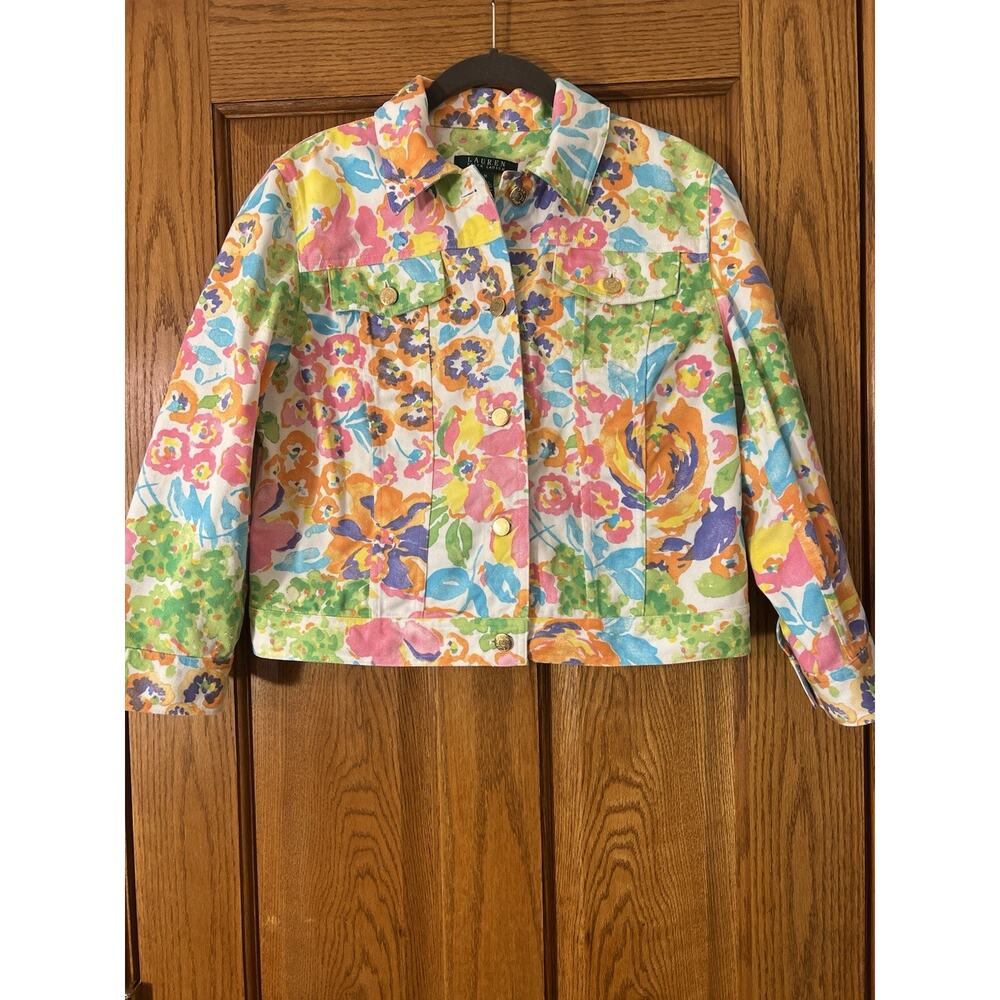 EUC Lauren Ralph Lauren Watercolor Floral Denim Jacket Size M With Gold Buttons